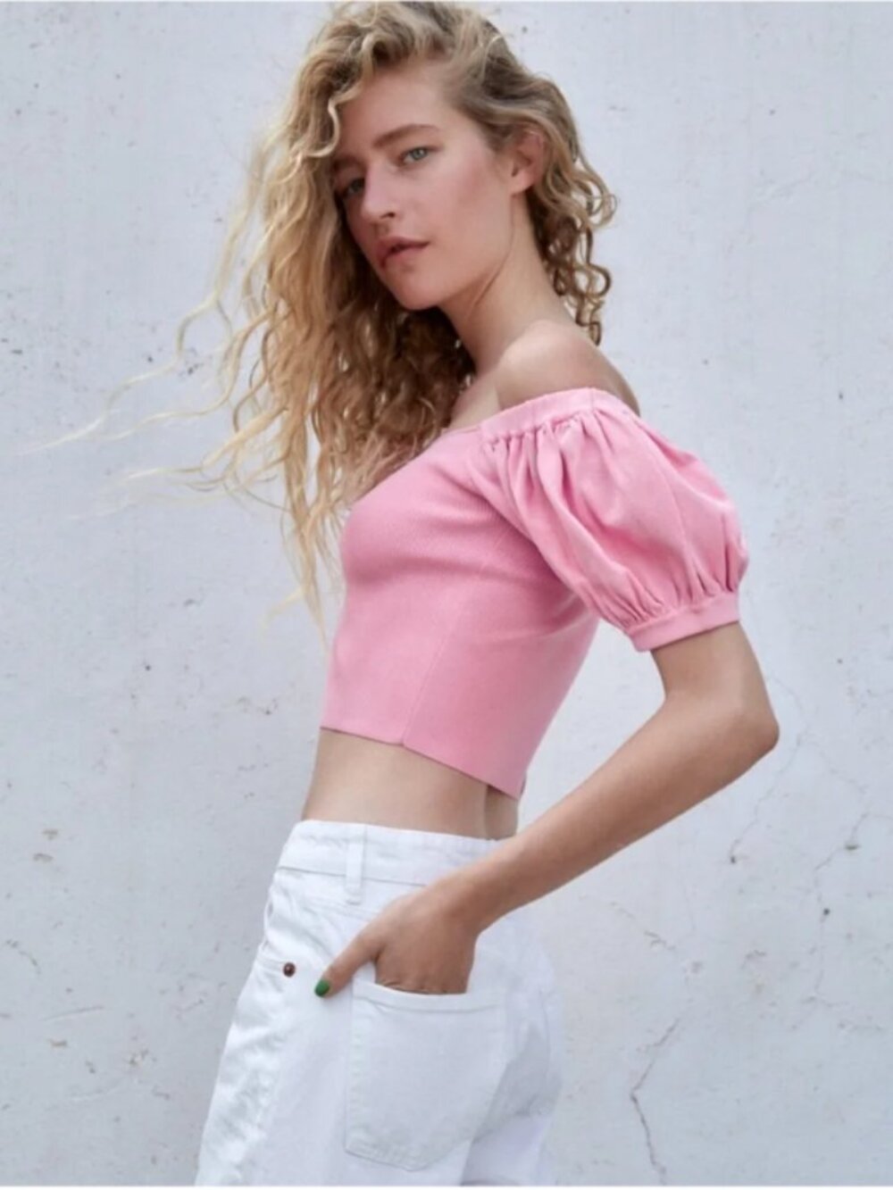 NWOT Zara Pink Puff Sleeves Off the Shoulder Knit Top Ref. 8689/102/620 Sz XS